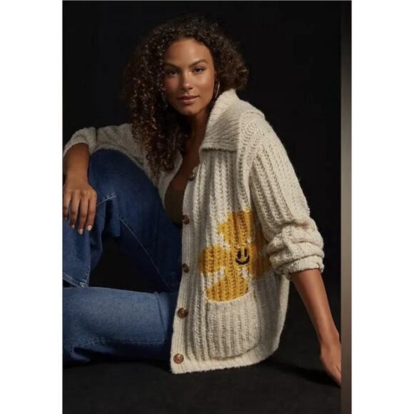 ANTHROPOLOGIE | PILCRO Cheerful Smiley Face Flower wool Cardigan Size 1X - Picture 2 of 8